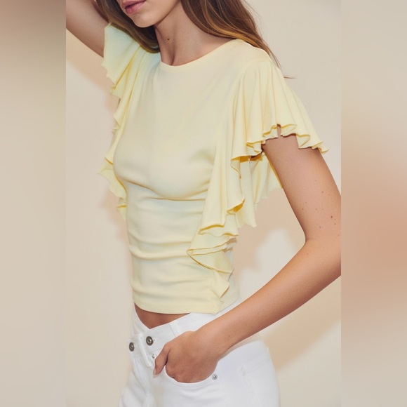 ZARA Ruffled Sleeve T-Shirt - Picture 2 of 7